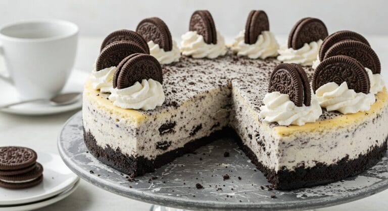 Stunning hero shot of a whole Oreo Cheesecake, perfectly set, with a dark Oreo crust and a creamy white filling studded with Oreo pieces, topped with whipped cream and Oreo cookie halves.
