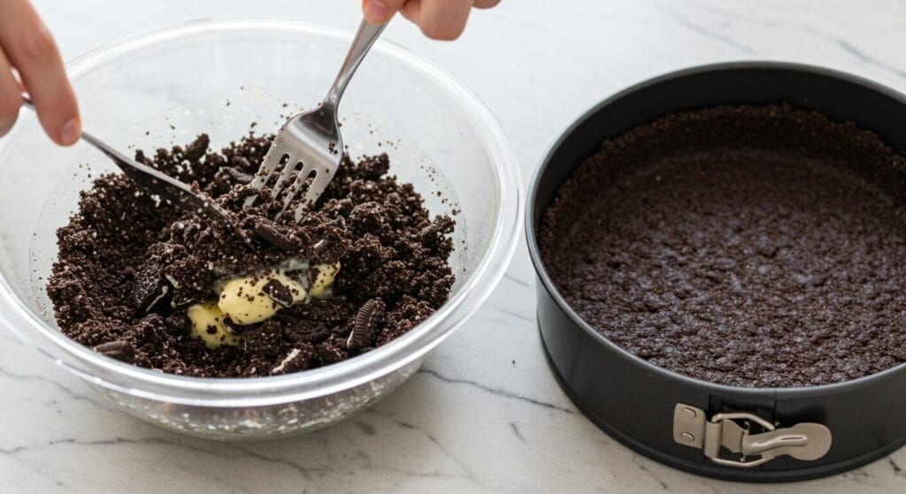 Chocolate cookie crumbs mixed with butter being pressed into a springform pan to create the crust for a Chocolate Strawberry Cheesecake recipe.