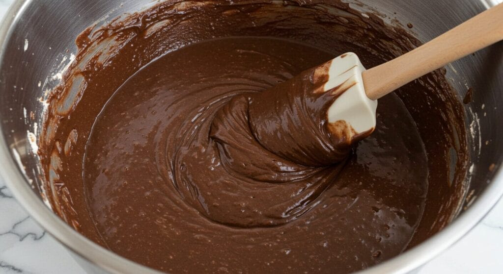 Rich, dark chocolate cheesecake batter being mixed in a bowl, looking smooth and luscious for the Chocolate Strawberry Cheesecake recipe.