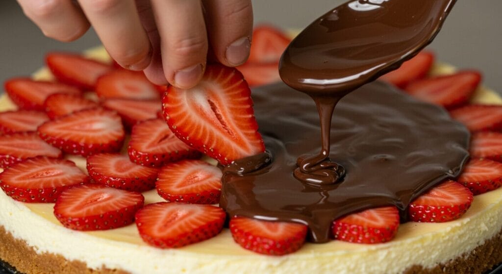 Fresh strawberries being sliced and tossed with sugar to create a simple topping for the Chocolate Strawberry Cheesecake recipe, alongside some chocolate-covered strawberries.