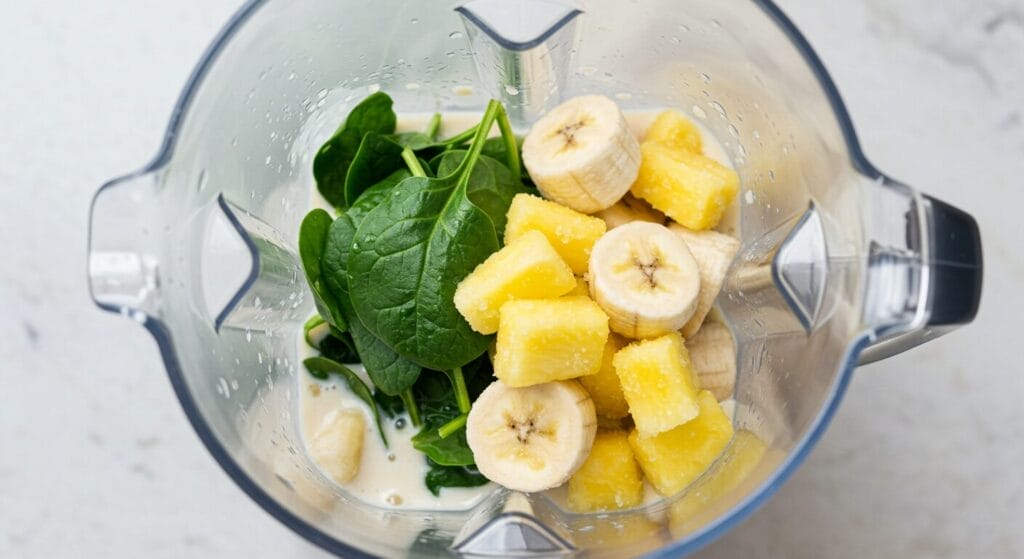 Ingredients for the Best Green Smoothie recipe (spinach, frozen pineapple, frozen banana, almond milk) being added to a blender pitcher.
