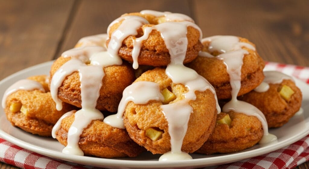 Hero shot of a plate piled with golden-brown Baked Apple Fritters, generously drizzled with a white vanilla glaze, with visible chunks of apple. Similar to the provided image.