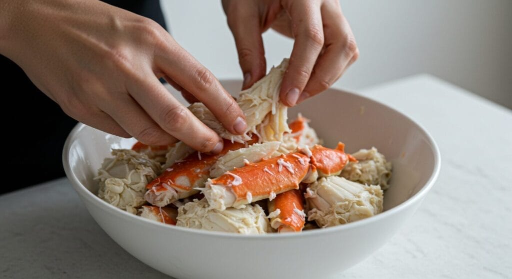 A bowl of fresh jumbo lump crab meat being gently picked over, alongside a small bowl with the mayonnaise and seasoning mixture for the Maryland Style Crab Cakes recipe.