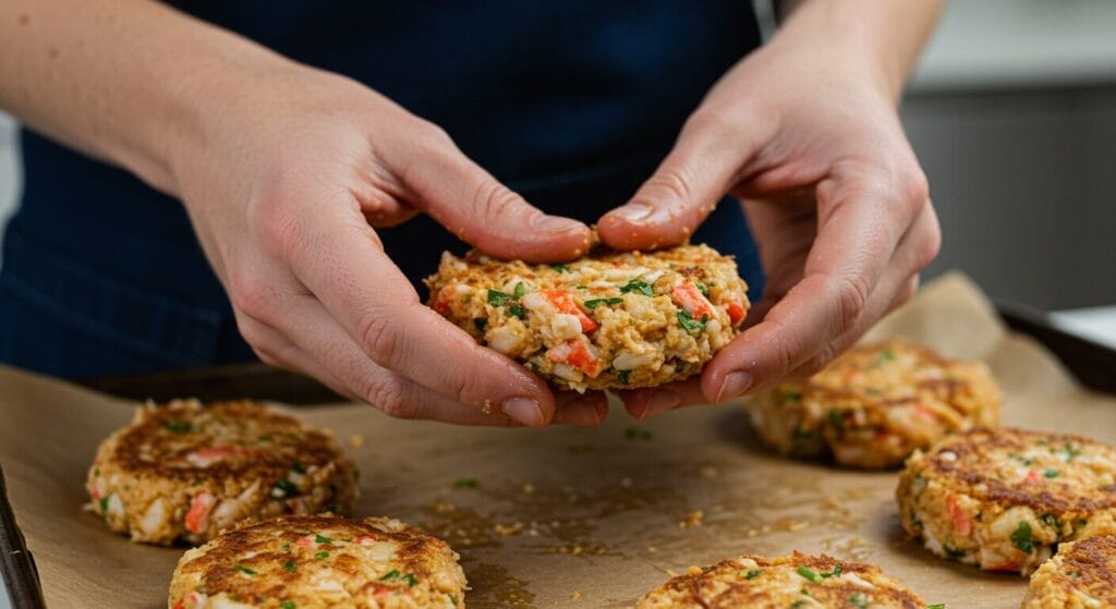 Gently formed, uncooked Maryland style crab cakes resting on a parchment-lined baking sheet, ready for cooking, showcasing lumps of crab meat.