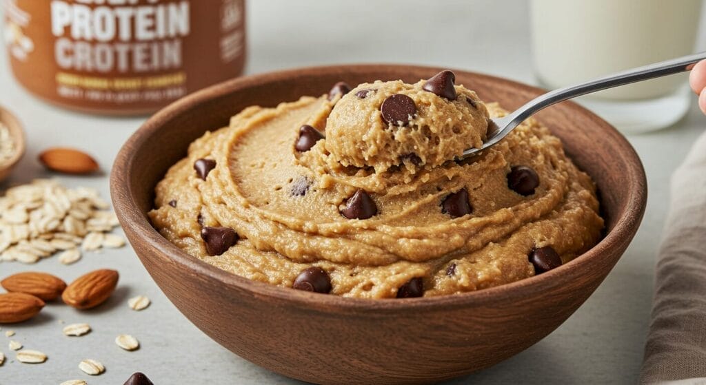 Hero shot of a bowl of Healthy Protein Cookie Dough recipe, with a spoon dipped in, showing its thick, classic cookie dough texture, studded with chocolate chips. Protein powder container and some oats or almond flour visible nearby.