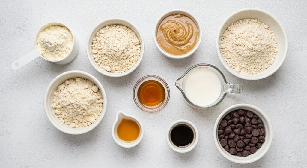 Ingredients for Healthy Protein Cookie Dough (protein powder, oat flour, nut butter, maple syrup, chocolate chips) arranged around a mixing bowl.