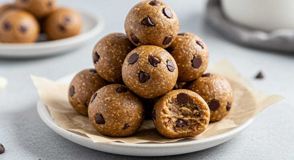 Small, perfectly rolled Healthy Protein Cookie Dough bites studded with chocolate chips arranged on a plate or parchment paper.