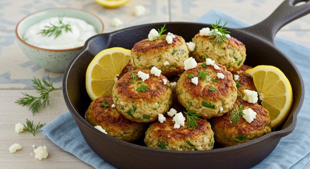Hero shot of beautifully browned Greek Chicken Meatballs in a serving dish or skillet, garnished with fresh dill or parsley, crumbled feta, and lemon wedges on the side. Tzatziki sauce might be in a small bowl nearby.