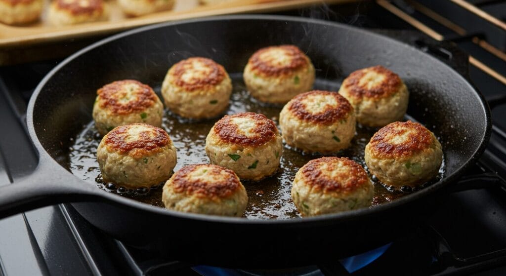 Close-up of several golden-brown, cooked Greek Chicken Meatballs being gently turned in a skillet with a spatula OR arranged in a serving dish, perhaps with a dollop of tzatziki.