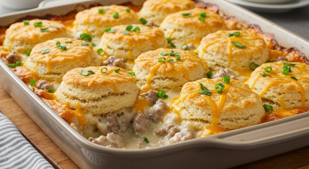 Hero shot of a golden-brown Sausage and Gravy Breakfast Casserole recipe