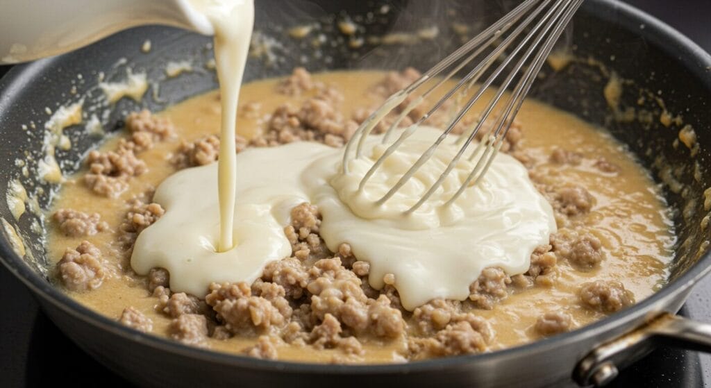 Cooked and crumbled breakfast sausage in a skillet, with flour being whisked in to create a roux for the sausage gravy.