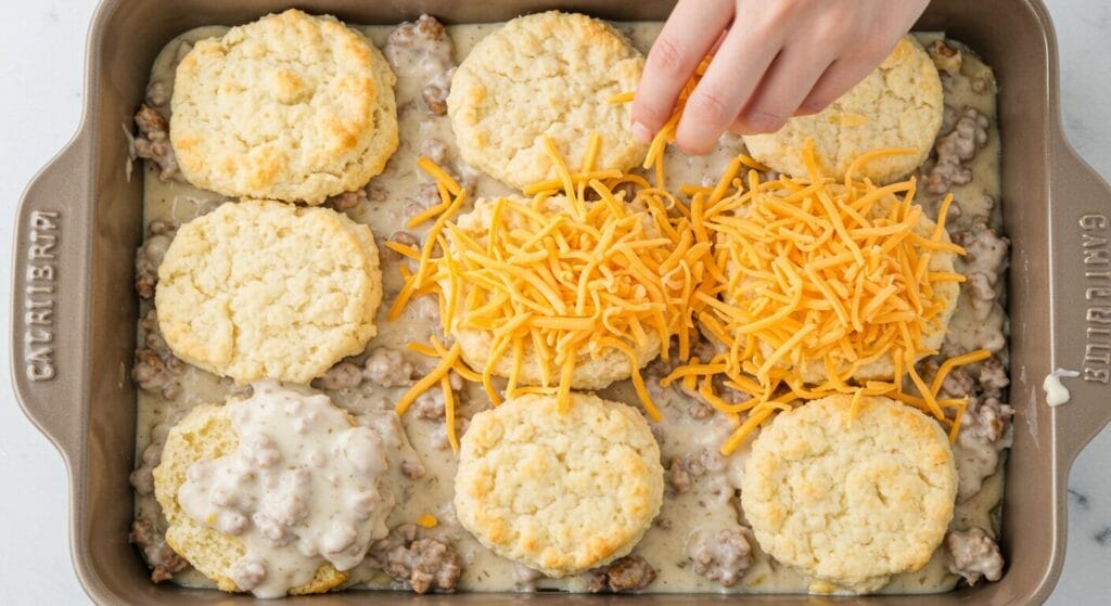 Assembling the Sausage and Gravy Breakfast Casserole: sausage gravy in a baking dish, topped with refrigerated biscuit pieces and shredded cheddar cheese.