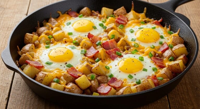 Hero shot of a cast-iron skillet filled with Cheesy Bacon and Egg Hash, showcasing crispy bacon, golden potatoes, melted cheese, and perfectly cooked sunny-side-up or baked eggs, garnished with fresh parsley or green onions.