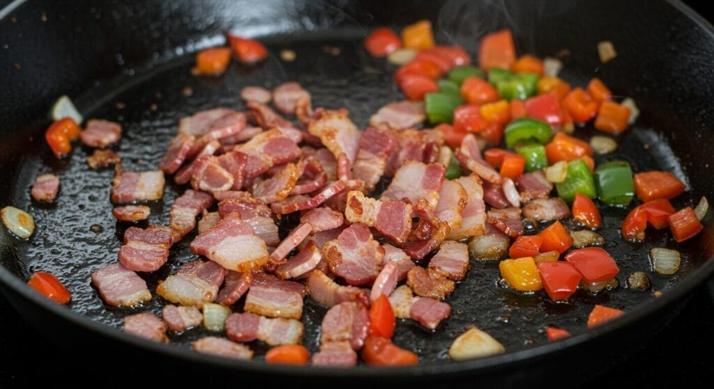 Chopped onions and bell peppers sautéing in a cast-iron skillet with bacon fat, for the Cheesy Bacon and Egg Hash recipe.]