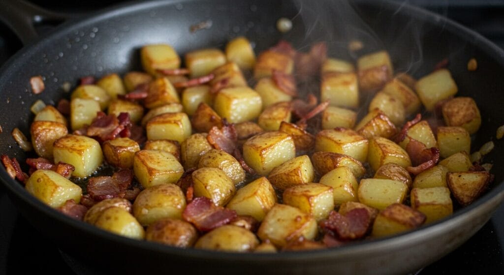 Cooked potatoes, bacon, onions, and peppers combined in a skillet, with wells made in the hash for cracking eggs into.