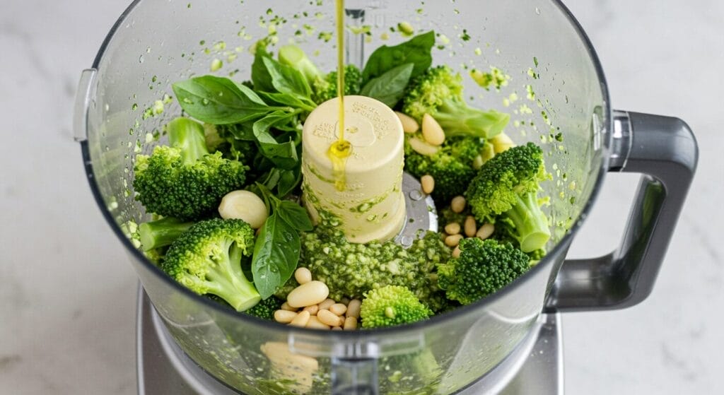 Vibrant green broccoli pesto being made in a food processor, showing the bright color and texture of the sauce for the Broccoli Pesto Pasta recipe.
