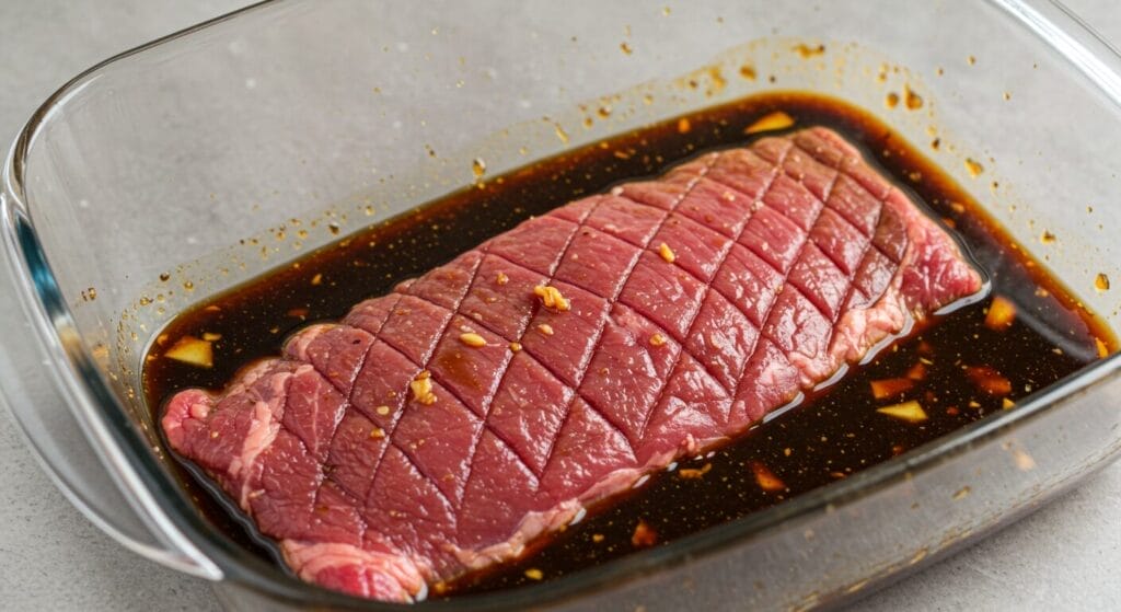 Raw flank steak, scored in a diamond pattern, marinating in a dark, rich Chinese five spice and hoisin mixture in a glass dish or resealable bag.