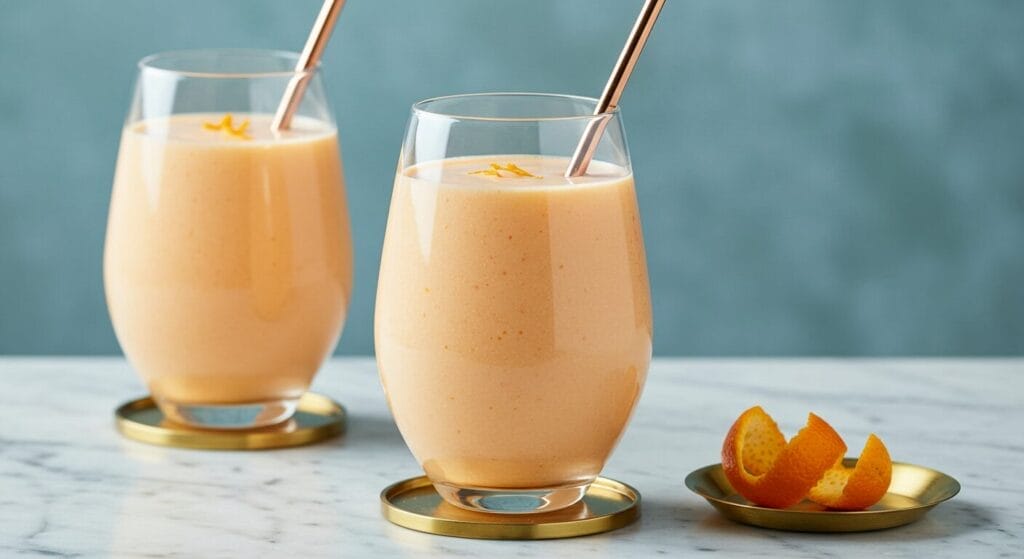 Stunning hero shot of a creamy, light orange Orange-Vanilla Shake recipe in a modern glass with a metal straw, with artfully peeled orange rind on a small plate nearby, against a soft, textured blue-grey background.