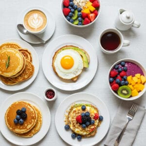 Inviting breakfast and brunch spread with pancakes, avocado toast, fruit, and coffee.