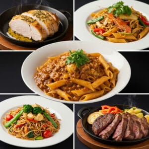 Delicious variety of main course dishes including roast chicken, pasta, and a vibrant stir-fry.