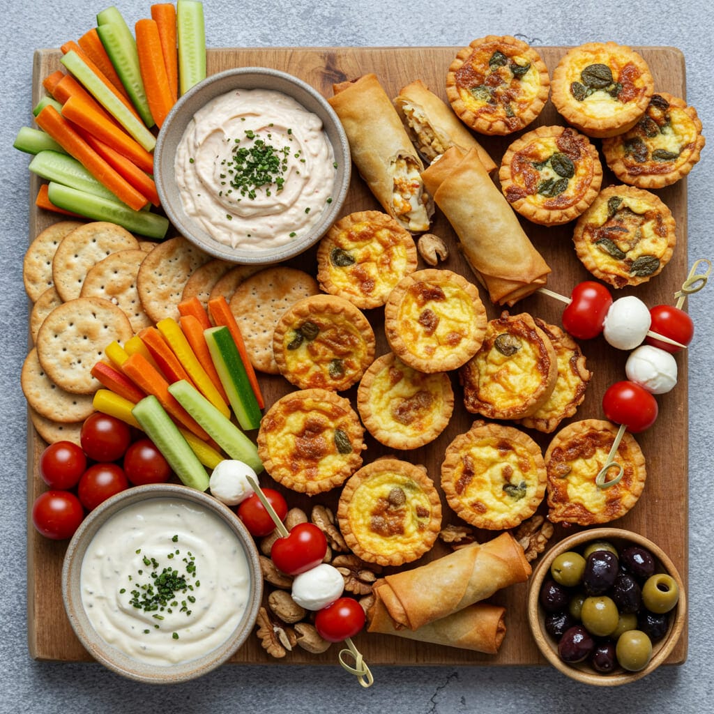 Colorful assortment of appetizers and snacks featuring a dip, finger foods, and fresh bites.