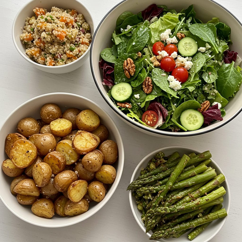 Fresh and healthy sides and salads including a large green salad, roasted vegetables, and quinoa.