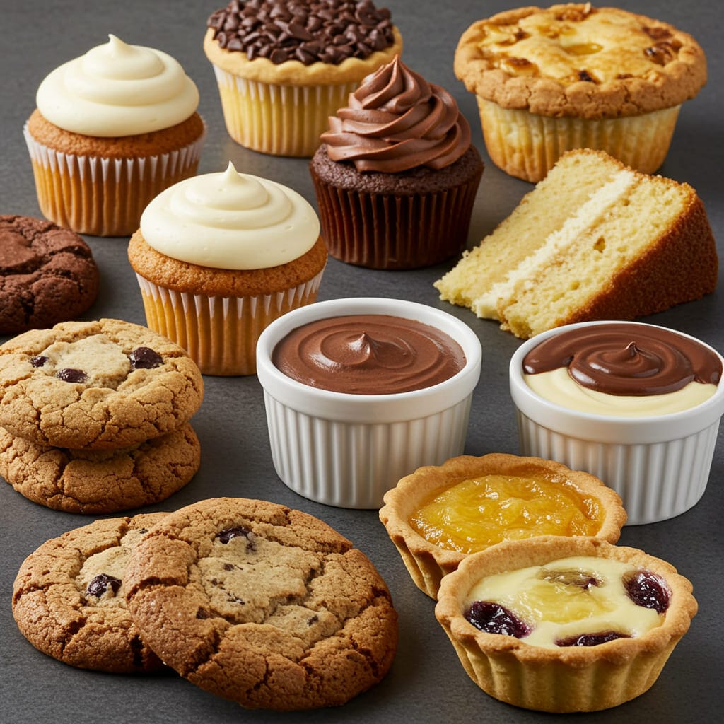 Tempting display of homemade desserts and baked goods like cake, cookies, and pie.
