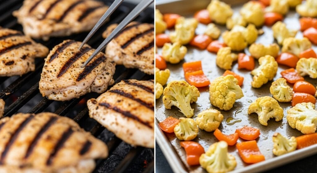 Golden-brown grilled chicken thighs or breast pieces, possibly with grill marks, resting on a cutting board before being sliced for the Grilled Chicken and Farro Bowl recipe.