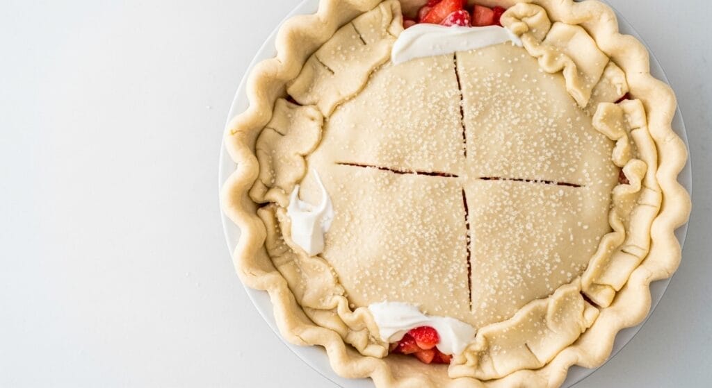 A large bowl showing sliced fresh strawberries and rhubarb being gently mixed with a creamy sour cream and sugar-flour mixture for the Strawberry-Rhubarb Sour Cream Pie recipe filling.
