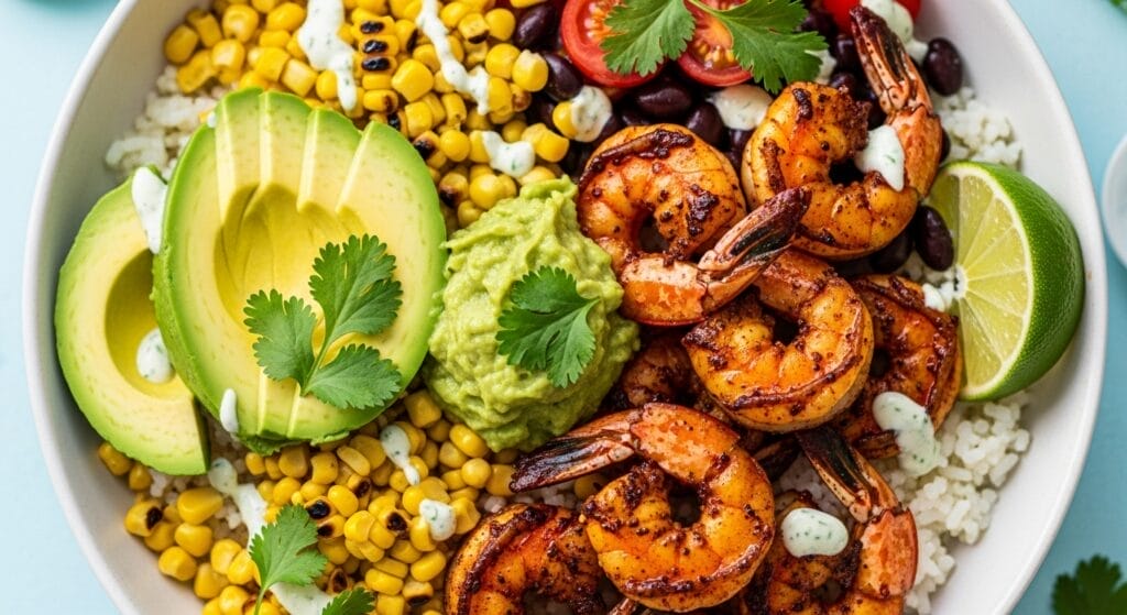 Stunning hero shot of a vibrant Blackened Shrimp Bowl, featuring perfectly blackened shrimp, rice, avocado slices, grilled corn, and a lime wedge, possibly with a drizzle of creamy sauce, in a bright, summery setting.