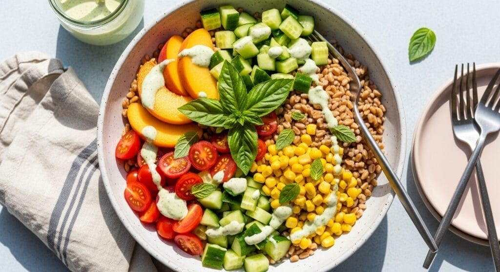 Stunning hero shot of a vibrant Summer Grain Bowl in a light-colored ceramic bowl, showcasing cooked grains topped with fresh peach slices, cucumber, corn, cherry tomatoes, and basil, drizzled with green goddess dressing,