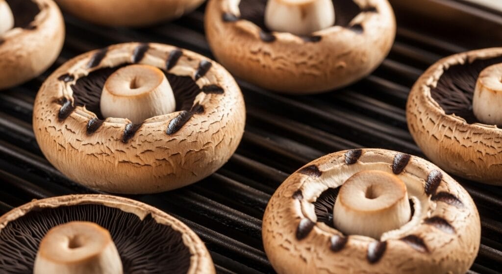 Large portobello mushroom caps being grilled or roasted on a baking sheet, looking tender and slightly charred, to be used as buns for the Mushroom-Swiss Turkey Burger recipe.