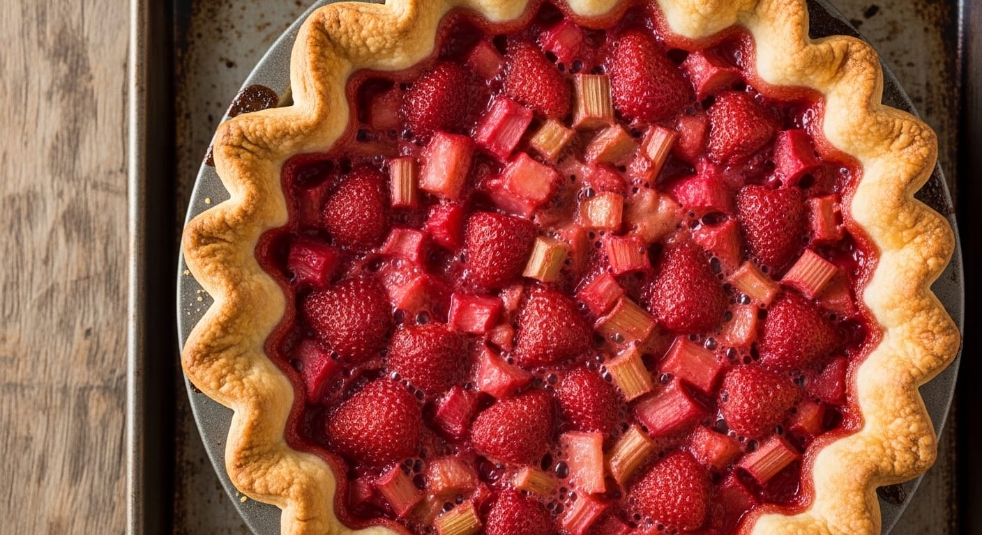 Stunning hero shot of a whole baked Strawberry-Rhubarb Sour Cream Pie on a baking sheet or rustic surface, showcasing a golden crimped crust and a vibrant, slightly glossy red fruit filling