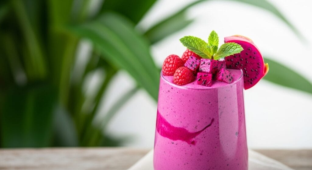 Stunning hero shot of a vibrant, creamy Pink Dragon Smoothie in a tall clear glass, garnished with a slice of dragon fruit, a few raspberries, and a mint sprig. Bright, cheerful lighting, perhaps with a subtle tropical background.