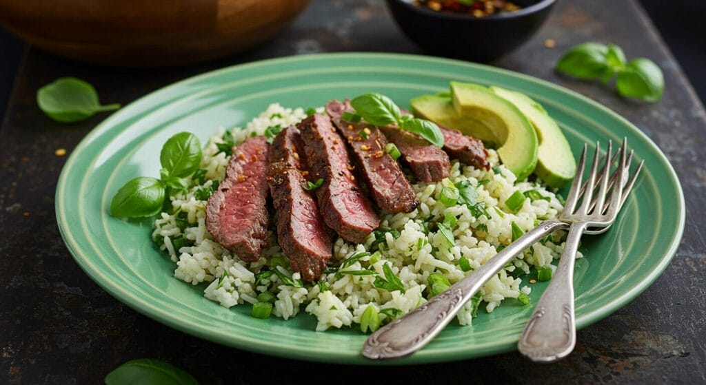 Stunning hero shot of Herby Lemon Garlic Steak and Rice on a vibrant green fluted plate, showcasing perfectly grilled and sliced steak, fluffy herby rice, and sliced avocado, with fresh basil and lime wedges