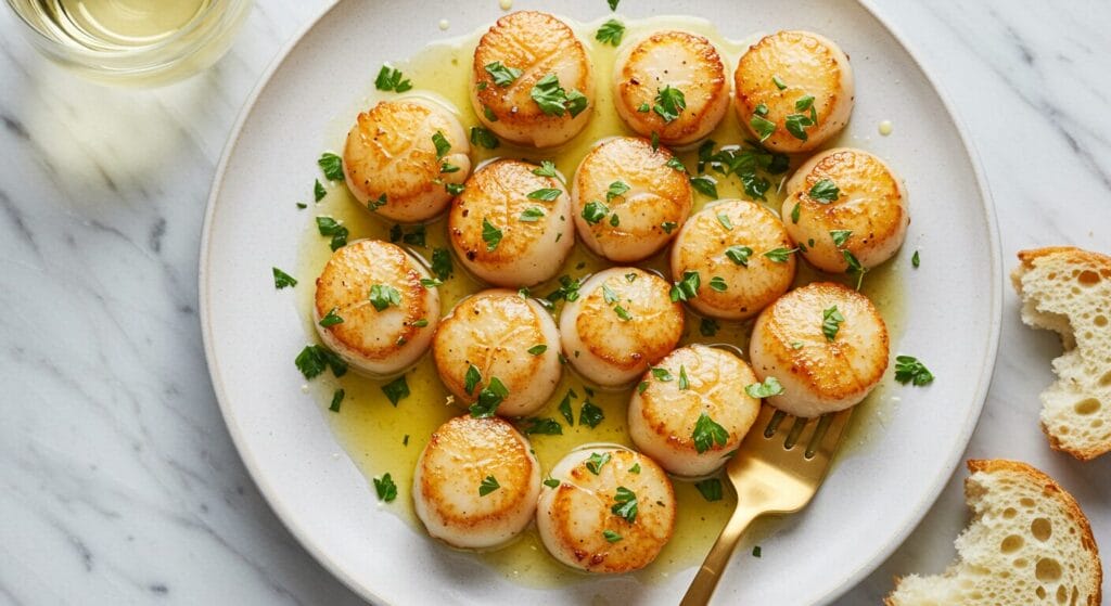 Stunning hero shot of perfectly seared Lemon Butter Scallops on a white plate, glistening in a golden lemon butter sauce, garnished with fresh parsley, with a piece of crusty bread and a gold fork