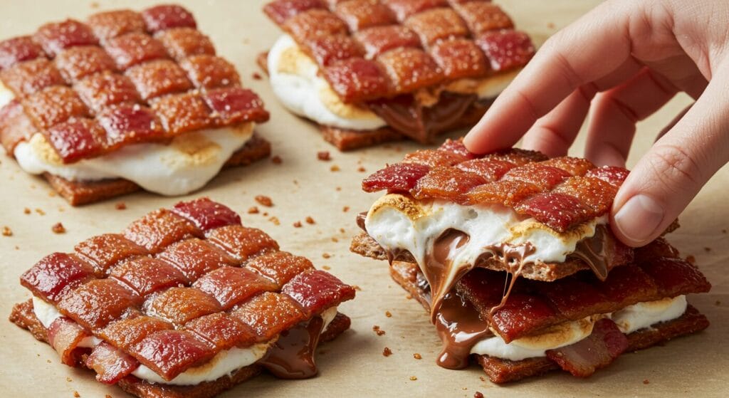 Stunning hero shot of four Bacon-Weave S'mores arranged on a light surface, one being picked up by a hand, showcasing the crispy bacon weave, melted marshmallow, and chocolate
