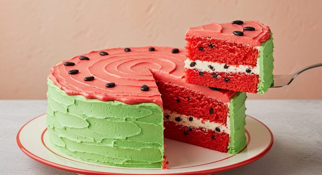 Stunning hero shot of a whole Watermelon Cake, decorated to look exactly like a watermelon with a green rind and red interior with black "seeds," with one slice being lifted out to show the layers