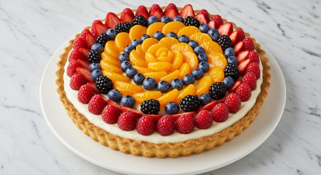 Stunning hero shot of a whole Fruit Tart on a white platter, showcasing a golden fluted crust, creamy white filling, and an artful arrangement of fresh mixed berries (strawberries, blueberries, raspberries, blackberries) and mandarin orange segments, with a light shiny glaze