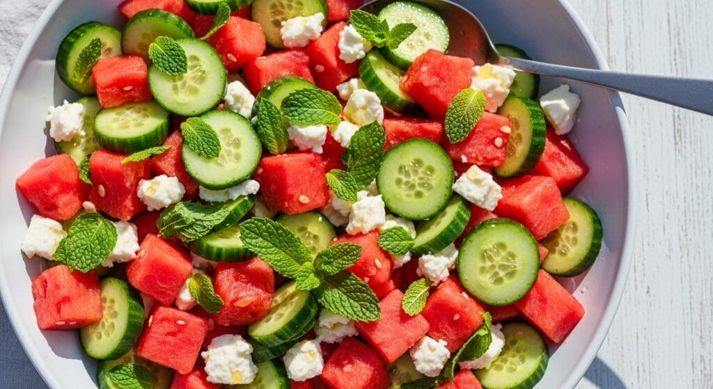 Stunning hero shot of a vibrant Watermelon Cucumber Salad in a large white serving bowl or platter, showcasing juicy red watermelon cubes, green cucumber slices/chunks, white crumbled feta, and fresh mint leaves, drizzled with a light dressing. Bright, summery outdoor lighting.