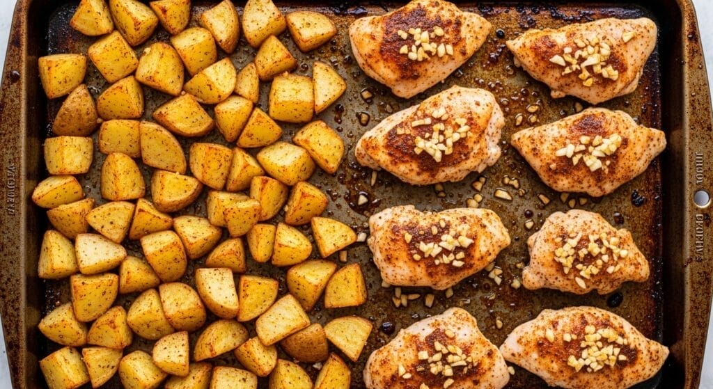  large baking sheet or skillet showing seasoned potato chunks and chicken pieces, with minced garlic and Parmesan cheese sprinkled over, part-way through roasting for the Garlic Parmesan Chicken and Potatoes recipe.