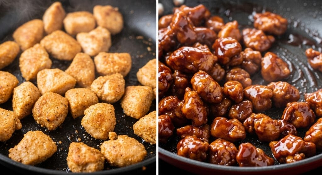 Golden-brown, seared bite-sized chicken pieces in a skillet, ready for the honey BBQ sauce, for the Honey BBQ Chicken Rice recipe.